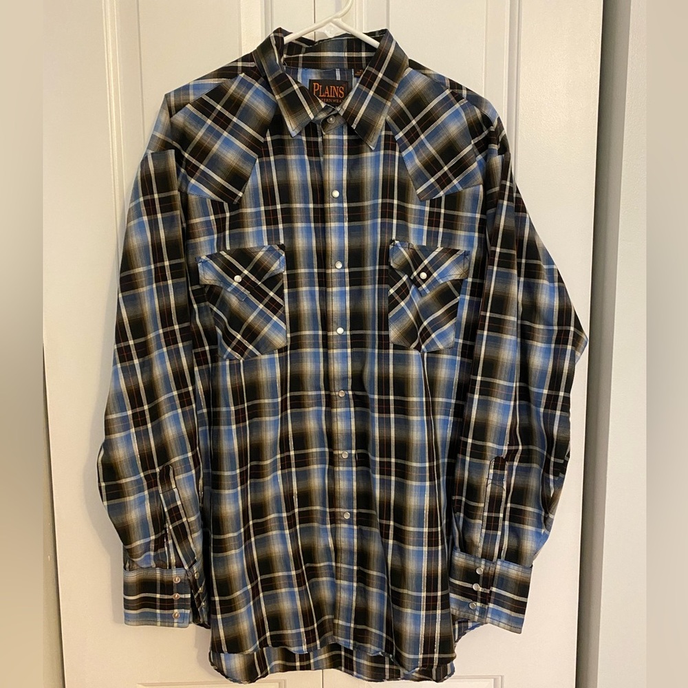 Blue Brown & Black Plaid Pearl Snap Button Down Long Sleeve Size XL